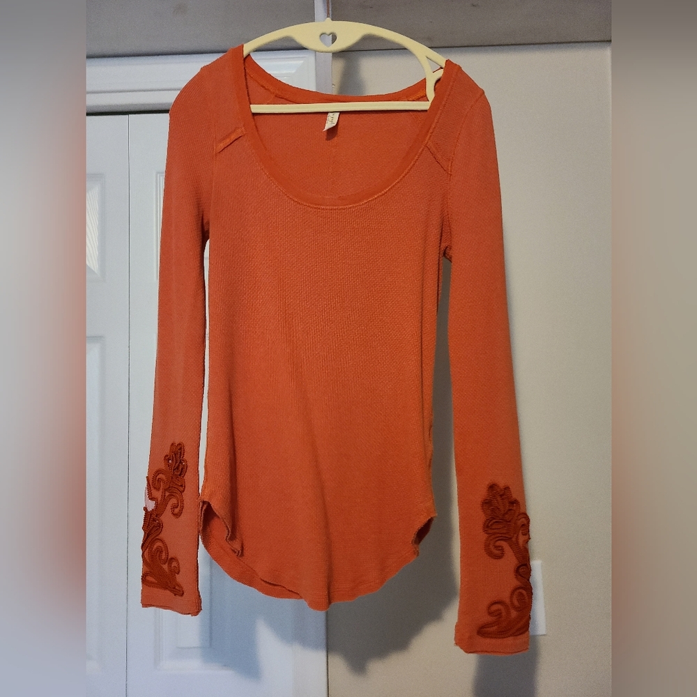Free People Masquerade Embroidered Cuff Thermal Shirt Medium